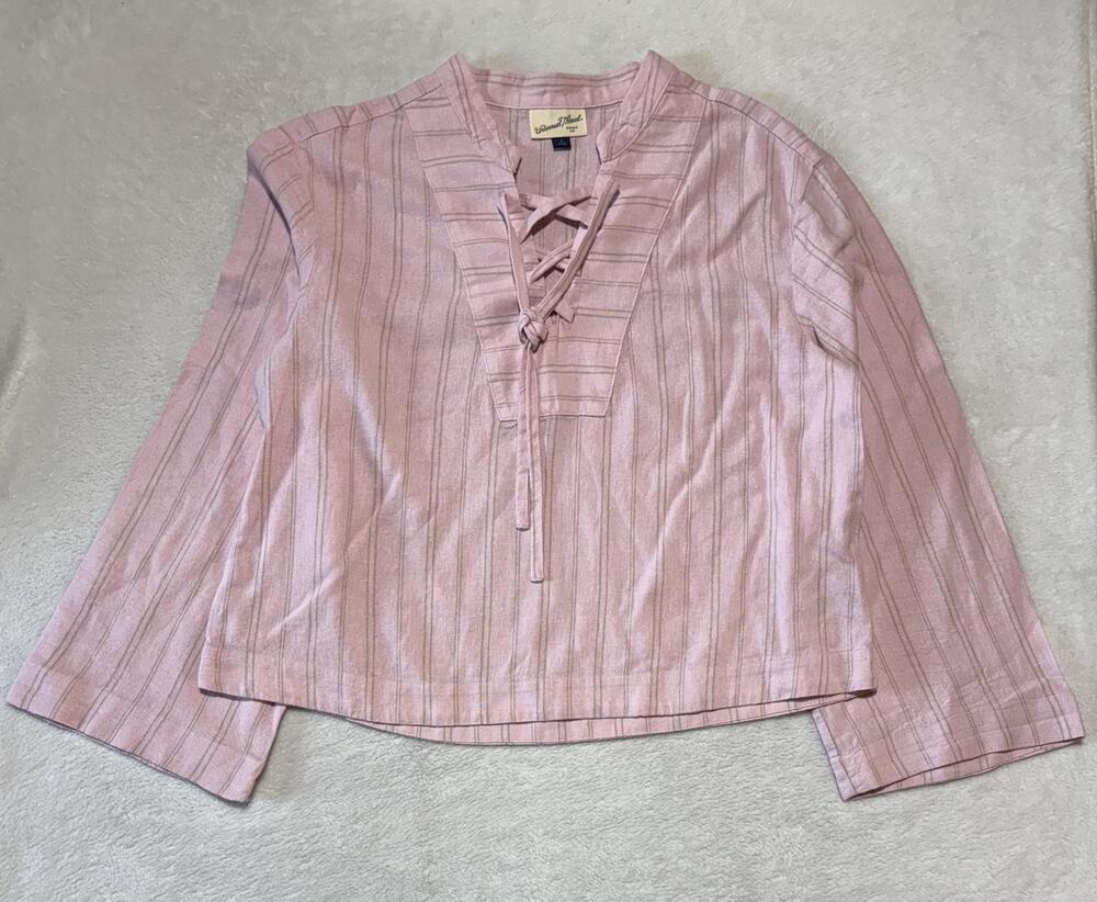 Universal Thread Shirt Womens Small Pink Stripe Linen Blend Lace Up Boho Top